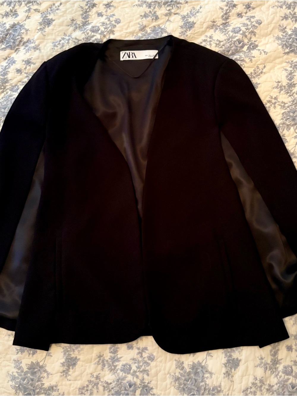 Zara Black Open-Front Blazer with Satin Panels